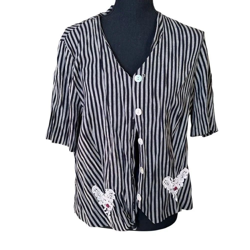 Vintage Lady Dorby Black & White Striped Button Down Blouse
